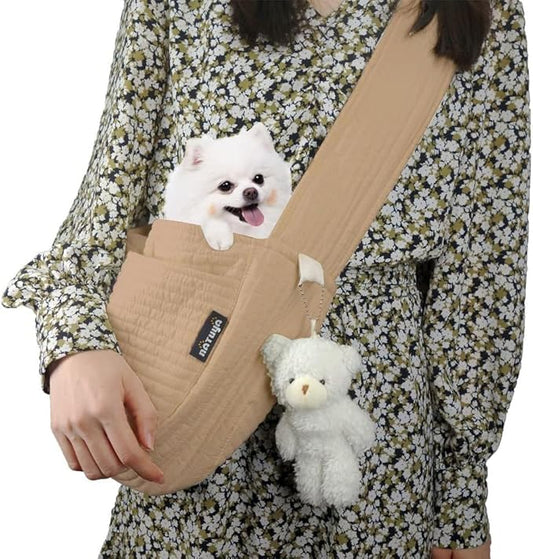 NATUYA Small Dog Carrier Sling Cat Sling, Adjustable Strap Comfy Stylish Puppy Pouch with Big Pockets for Travel Walking Subway (Brown,Adjust Strap-Canvas)