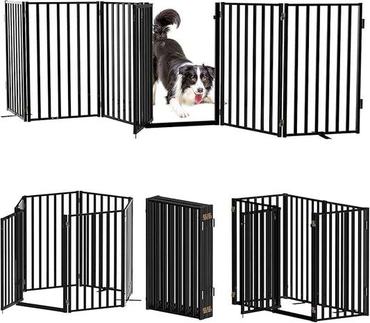 Full Metal Freestanding Dog Gates with Door, 32" Height Dog Fences for Indoor & Outdoor, Extra Wide Foldable Pet Gates for Stairs, Hallways, Doorways, Yard (6 Panels, 120" W × 32" H)