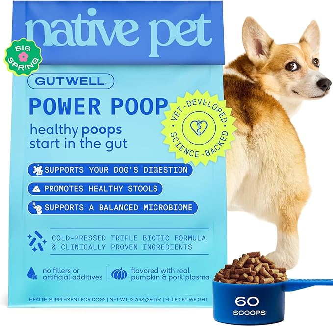Native Pet GutWell Power Poop - Digestive Support & Fiber for Dogs - Promotes Healthy Stools, Supports Balanced Microbiome & Digestive Function - Triple-Biotic Blend & M-Fiber - 60 Scoops