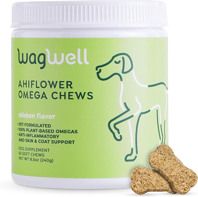 WagWell Ahiflower Omega Chews for Dogs | Vet-Formulated Health Supplement for Joints, Skin, Coat | Plant-Based Omega 3-6-9 | for Dogs of All Ages & Sizes, All Natural, Made in USA | 60 Chews