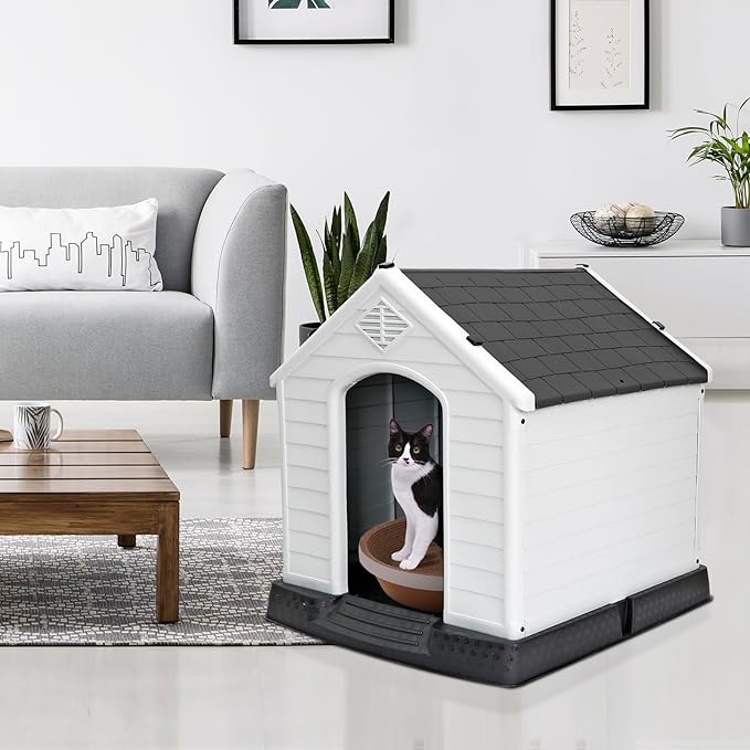 Durable Waterproof Plastic Dog House for Small to Large Dogs, Indoor Doghouse Puppy Shelter with Air Vents and Elevated Floor, Outdoor Kennel for Yard, Patio, Garage, Easy to Assemble