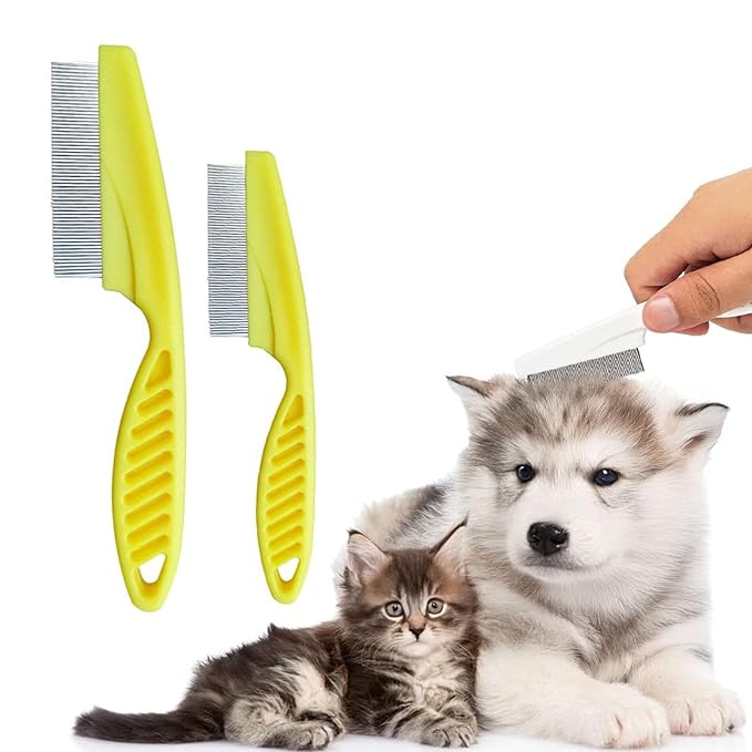 2 Pcs Multifunctional Pet Grooming Comb, 2026 New Flea Comb for Dogs and Cats, Pet Lice Fine Tooth Tear Stains Removal Brush for Small Puppies and Dogs (Yellow)