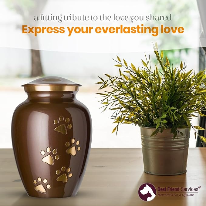 Ottillie Paws Legacy Series Pet Urn for Dogs, Handmade Brass Memorial Cremation Urn (X-Large - Pets up to 170 lbs, Harvest Brown, Brass Vertical Paws)