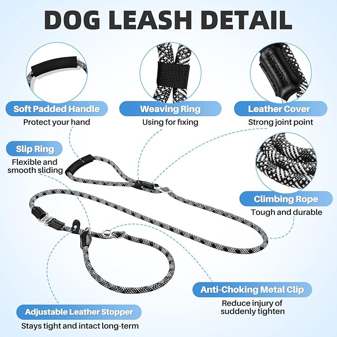SlowTon Slip Lead for Dogs - Hands Free No Tangle Adjustable 4-6 FT 1/2” Rope, Heavy Duty Nylon Leash for Large Medium Dogs that Pull, No Pull Training Slip Leashes, 20-120lb, Black