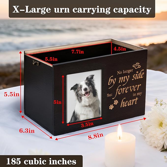 Pet Urns for Dogs or Cats Ashes with Photo Frame, Wooden Memory Box for Keepsakes with Black Flannel as Lining, Pet Memorial Gifts for Dogs (Black X-Large)