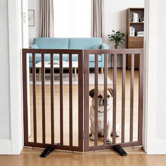 Dog Gate Indoor, Freestanding Dog Fence for The House, Doorways, Hallways,or Stairs,Pet Gate Foldable Wooden,Expandable 32" Height 2 Panels,Brown