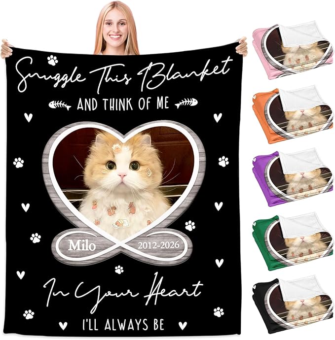 Cat Memorial Gifts for Loss of Cats, Custom Cat Memory Blanket with Photo Text, Pet Memorial Gifts for Dogs Cats, Dog Remembrance Bereavement Gift, Loss of Pet Sympathy Gift