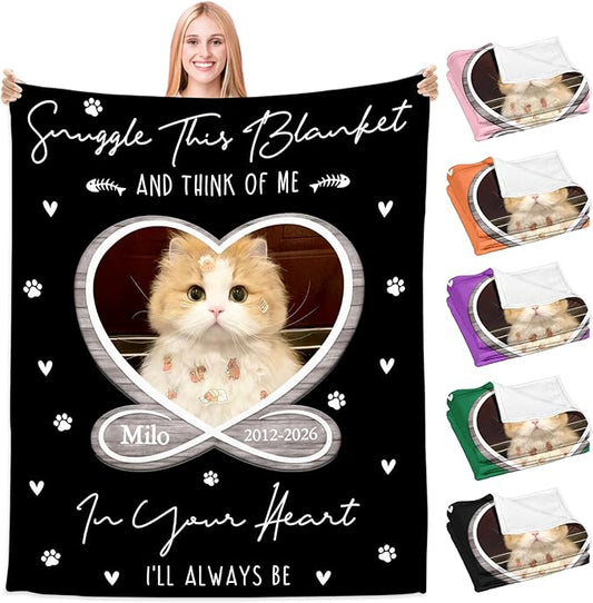 Cat Memorial Gifts for Loss of Cats, Custom Cat Memory Blanket with Photo Text, Pet Memorial Gifts for Dogs Cats, Dog Remembrance Bereavement Gift, Loss of Pet Sympathy Gift