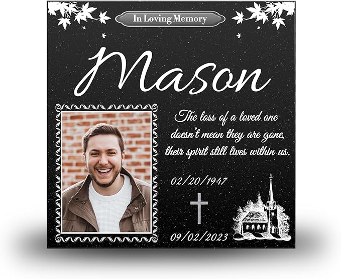 ADFSTONE Grave Stones for Cemetery for Humans- Personalized Head Stone for Graves, Photo Grave Markers, Engraved Cemetary Headstones, Picture Memorial Plaque, Marble Tombstone with Stand