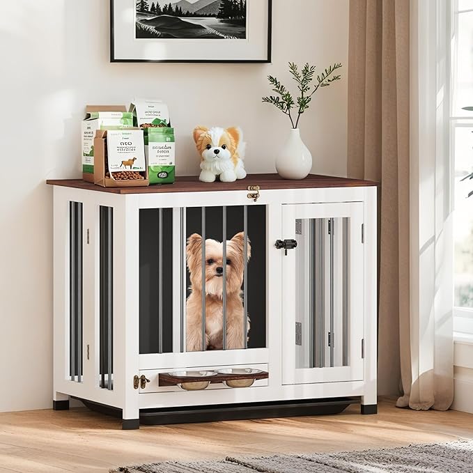 31.5" Dog Crate Furniture - Wooden Dog Kennel with 360° Rotating Feeder & Removable Tray | Indoor Multi-Functional End Table for Medium & Small Dogs, White Dog Cage, Portable Pet Furniture