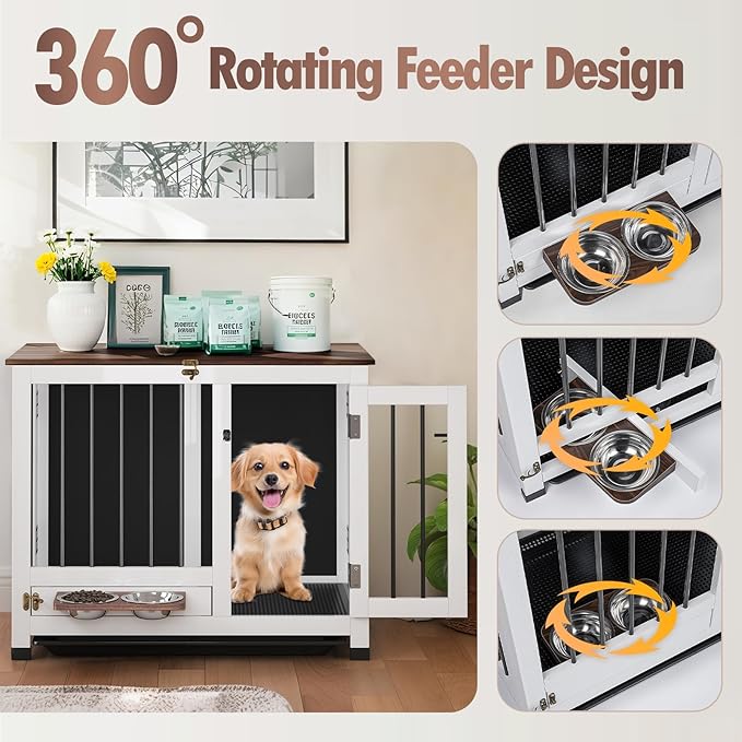 31.5" Dog Crate Furniture - Wooden Dog Kennel with 360° Rotating Feeder & Removable Tray | Indoor Multi-Functional End Table for Medium & Small Dogs, White Dog Cage, Portable Pet Furniture