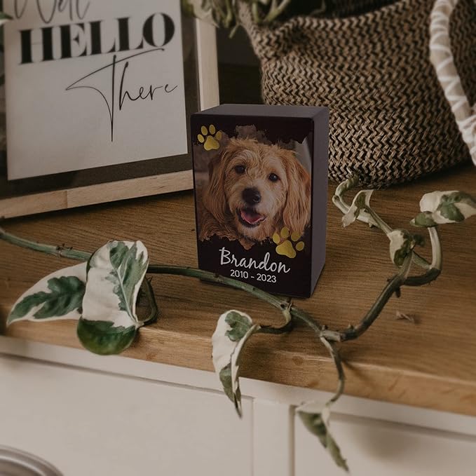 Custom Pet Keepsake Urns for Dogs, Wooden Box for Pet Ashes with Photo for Your Beloved Pets, Pet Cremation Urns as Sympathy Gifts for Pet Lovers - Small, 6" x 4" x 2.75" (Design 5)