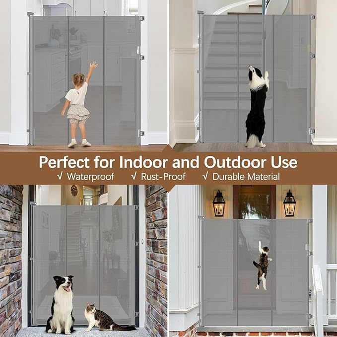 Reinforced 60" Extra Tall Dog Gates Indoor Climb Proof Cat Gate for Hallway - No Jumping Over/Crawling Under, 55" Wide Mesh Baby Gate Retractable Pet Gate, 5 Foot Extra Tall Cat Gate for Doorway, Gray