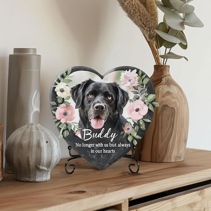 Custom Dog Memorial Stone with Photo & Name – Personalized Pet Headstone, Paw Print Keepsake Gift for Dog Loss, Outdoor Garden Slate Plaque