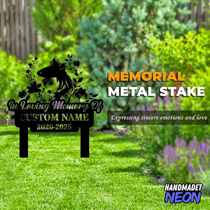 Personalized Betta Memorials Custom Name Year Memorial Fish Grave Marker Metal Pet Garden Stake for Outdoor Garden Yard Sign Plaque Sympathy Gift Grave Decor for Cemetery