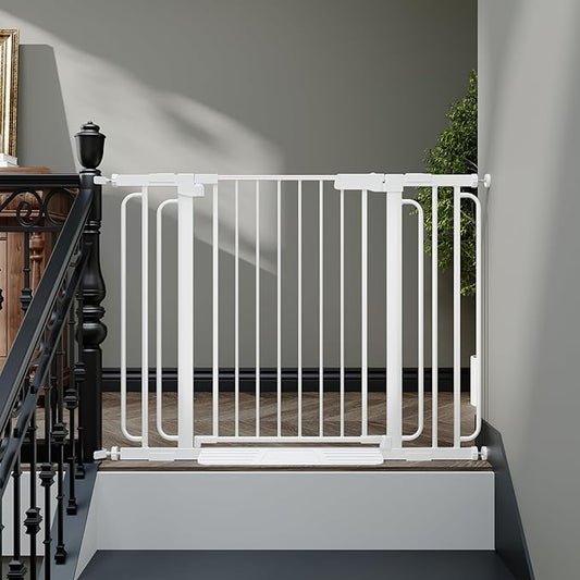 Baby Gate for Stairs 29.8-46.5 Inch Pressure Mounted, Auto Close Child Baby Gates for Doorways No Drill, Walk Through Dog Gate Indoor for The House, White