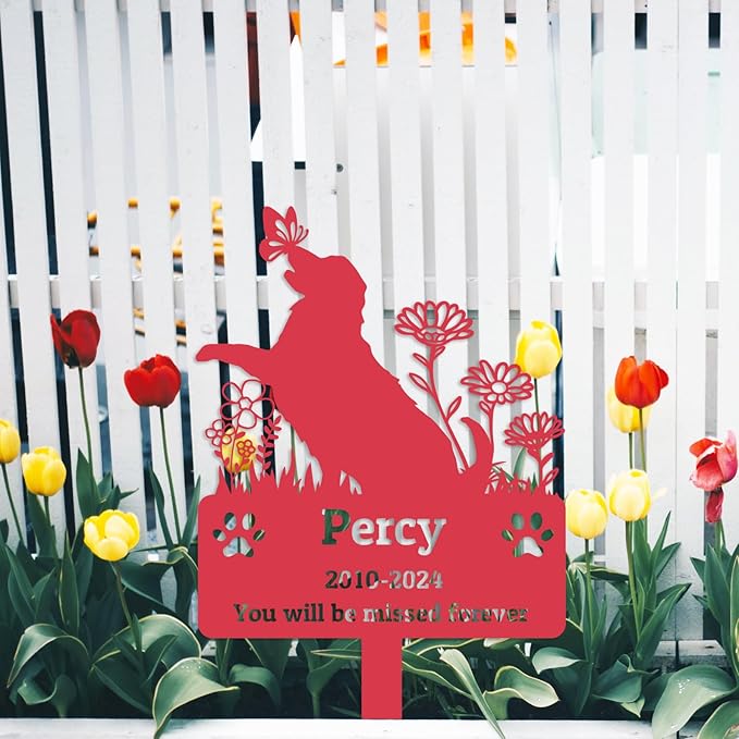 Goodqueen Personalized Flowers Dog Memorial Stake Metal Outdoor Grave Marker with Paws, Custom Name Pet Memorial Grave Marker Dog Garden Sign with Stake, Customized Butterfly Dog Memorial Plaque