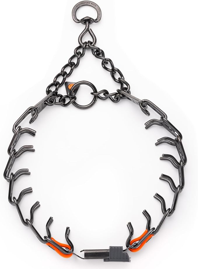Herm Sprenger Black Stainless Steel Dog Collar with Short Links and Quick Release ClicLock Buckle and Biothane Insert Made in Germany 20in x 3.0mm (Neck Size up to 16-17in) (Hunter Orange)