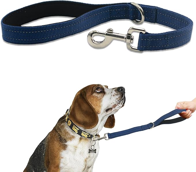 Thick Dual Padded Handle for Dog Training Control, 18 Inches Traffic Dog Leash Short with Reflective Stitching, Heavy Duty Short Hand for Small to Strong Sized Dogs Training Leash Blue 1.5FT