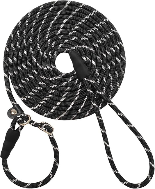 50FT Long Slip Lead Leash, 12ft 20ft 30ft Anti-Choking Reflective Rope Training Leash for Medium Dogs Small Puppy Pets (Black)