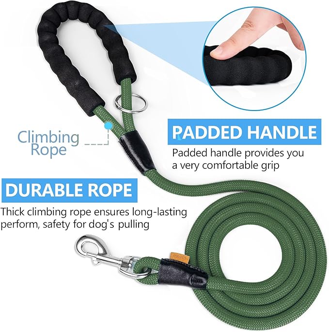 Dog Leash, Braided Rope Traction – Walking Training Lead for Medium/Large Dogs ((1/2") x 6FT, Dark Green)