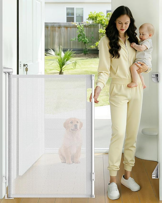 Retractable Baby Gate, 38" Extra Tall Mesh Baby Gate with Auto-Tension Design, 55" Wide One-Hand Operation Dog Gates for Doorways and Hallways, Safety Gate for Babies and Pets, White