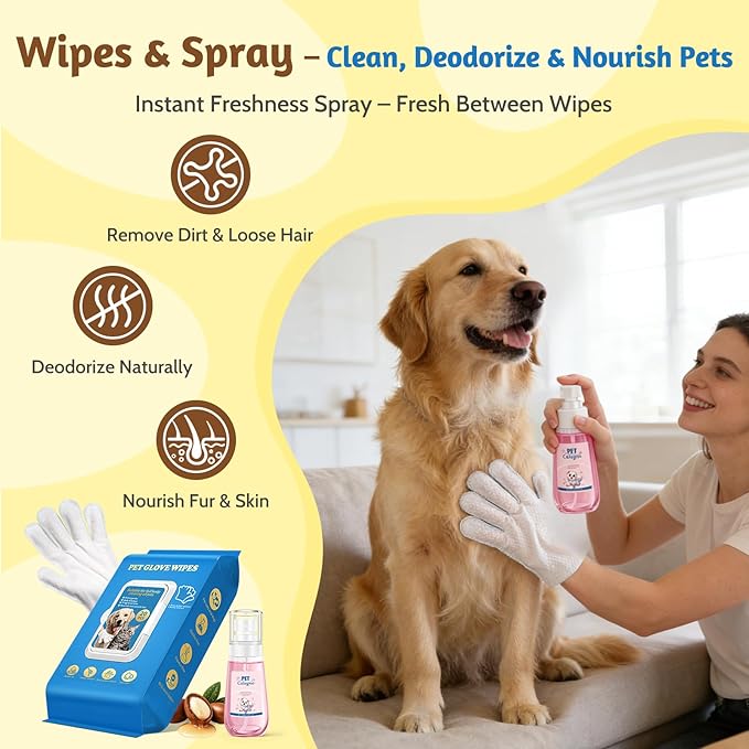 Cleansing & Deodorizing Pet Glove Wipes for Dogs & Cats with Pet Deodorizing Spray, Hypoallergenic & Nourishing Rinse-Free Mitts, Thick Design for Home Spa Care, 20pcs