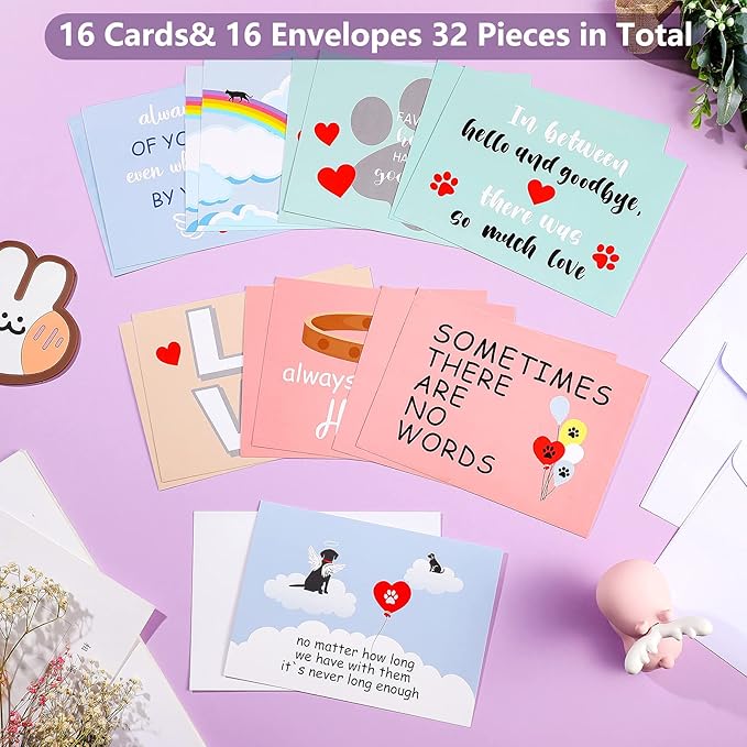Fainne 16 Sets Pet Sympathy Cards Dog Condolences Cards Pet Bereavement Card and Envelopes Loss of Pet Dog Sympathy Cards with Inside Messages for Pet Lovers Greeting Cards (Chromatic Style)
