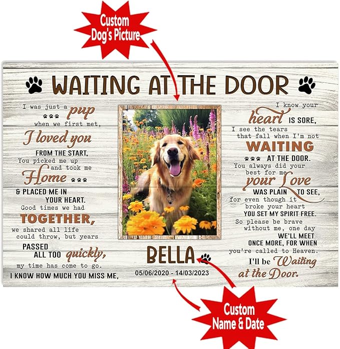 P80715 Personalized Memorial Canvas Gift - Waiting At The Door Poster, Dog Frames With Pictures, Bereavement Sympathy Gift for Dog Lover Mom Dad