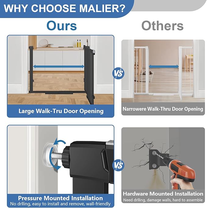 Malier Newest Baby Gate for Stairs with Large Walk Thru Door, 29-38" No Drill Pressure Mounted Dog Gate for Doorway, Auto Close Baby Gate, Easy Walk Through Gate Pet Gate for Child and Pets