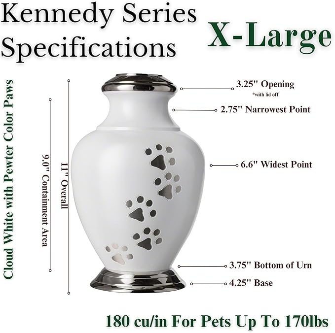 Kennedy Paws Series Pet Urn for Dogs, Handmade Aluminum Memorial Cremation Urn (X-Large - Pets up to 170 lbs, Cloud White)