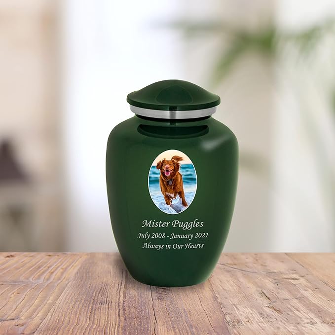 Homage Medium Custom Photo Pet Cremation Urn for Pet Ashes - Vase Style Pet Urn - 80 Cubic Inch Capacity - Personalization Included (Emerald Green)