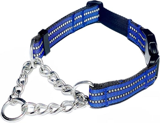 Martingale Collars for Dogs, Heavy Duty Stainless Steel Chain Training Collar, Reflective Nylon Adjustable Collar with Quick Release Buckle, Suitable for Puppy Medium Large Dogs((Blue, XS)