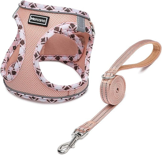 Mercano Soft Mesh Dog Harness and Leash Set, No-Chock Step-in Reflective Breathable Lightweight Easy Walk Vest Harnesses with Safety Buckle for Small Dogs, Cats (Champagne, S)