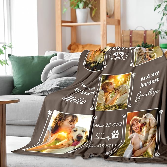 Pet Memorial Blanket Gift - Personalized Dog Memorial Blanket with Photo Name, Pet Sympathy Gifts for Dogs Lovers, Custom Loss of Dog Grief Blankets, Pets Remembrance Bereavement Gifts (5 Photos)