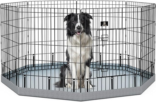 PJYuCien Dog Playpen with Bottom Pad - Metal Foldable Exercise Pen, 8 Panels 30" H x 24" W Indoor Outdoor Pet Fence Puppy Crate Kennel, Gray