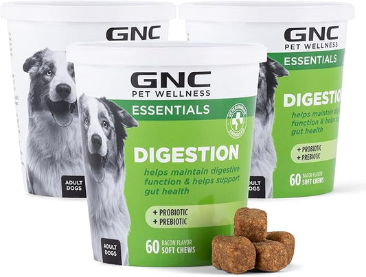 GNC Pets Essentials Dog Probiotic Soft Chews for Digestive Support, Bacon Flavor Daily Supplement with Prebiotics, Probiotics and Enzymes for Puppies and Adult Dogs in Reusable Jar, 60 Count - 3 Pack