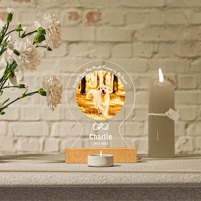 Bemaystar Personalized Dog Memorial Gifts Custom Dog Memorial Night Lights for Grieving Pet Owners, Pet Loss Gifts Cat memorial gifts Loss of Dog Sympathy Gift with Picture Name Date Custom Plaque