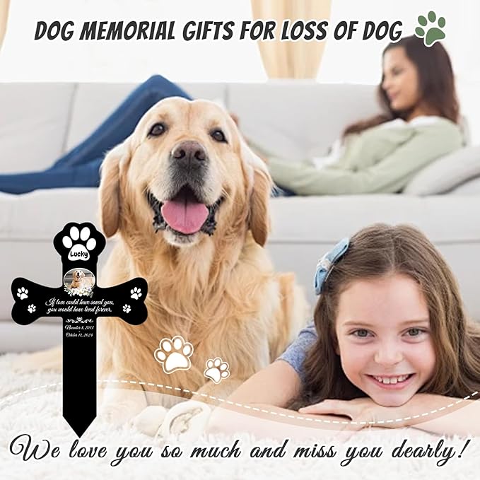 Custom Pet Grave Markers Dog Outdoor, Personalized Pet Cross Grave Marker with Name and Date, Weatherproof Dog Headstone for Graves Outdoor Garden Yard, Pet Tombstones Sympathy Gift for Pet Loss