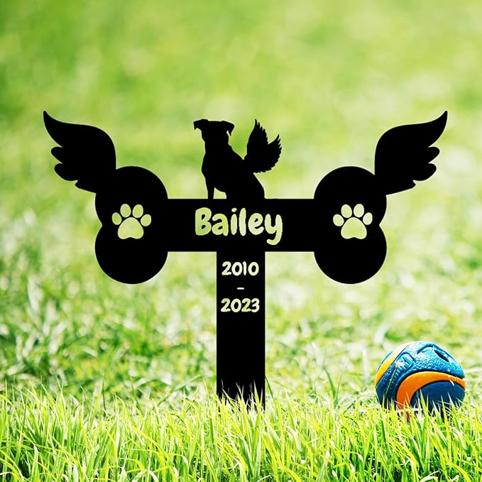 Custom Dog Paws Bone Memorial Grave Marker with Wings, Personalized Dog Memorial Grave Marker Metal Garden Stake Plaque for Dog Grave, Dog Memorial Garden Marker Pet Sympathy Gift