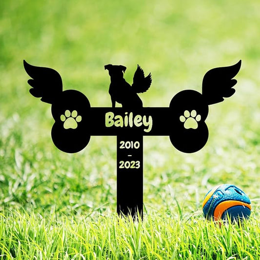 Custom Dog Paws Bone Memorial Grave Marker with Wings, Personalized Dog Memorial Grave Marker Metal Garden Stake Plaque for Dog Grave, Dog Memorial Garden Marker Pet Sympathy Gift