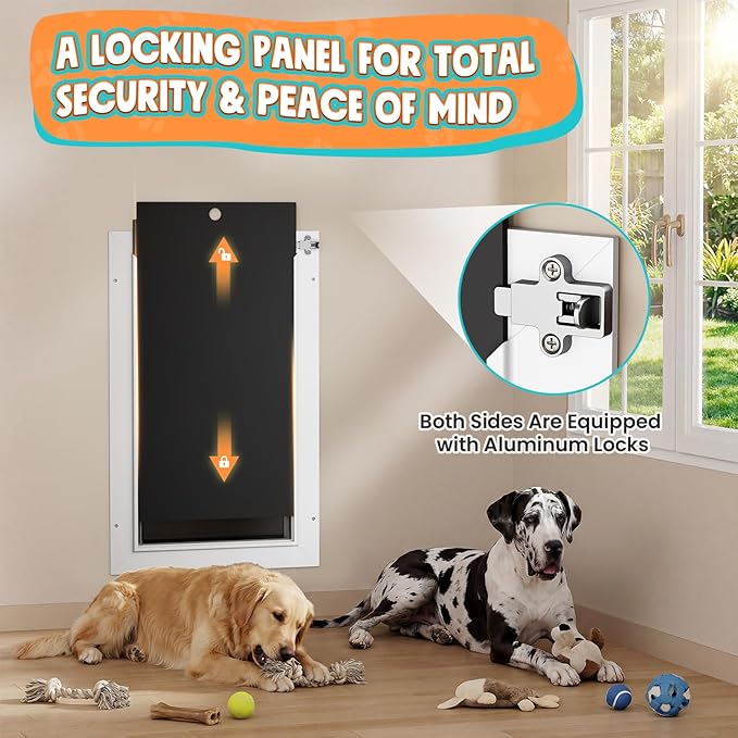3-Flap Dog Door for Wall, Large Doggy Door, All Aluminum Heavy Duty Pet Door, Extreme Weather Doggie Door for Interior Exterior Wall, with Insulation Flaps & Lockable Closing Panels, Pets Up to 110LB