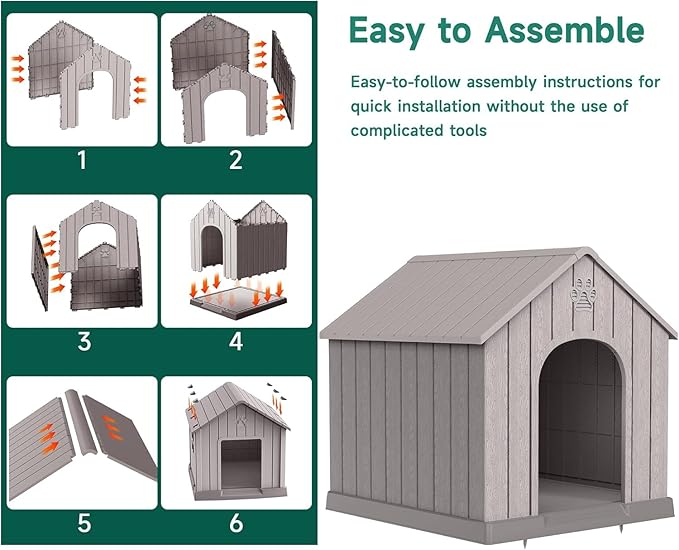VIXZEN Dog House Outdoor Large Breed - Weatherproof PP Resin Doghouse with Elevated Floor, Open Design & Easy Assembly, Large Dog Houses for Large Dogs Outside (Grey, 38.62" L x 36.26" W x 38.07" H)