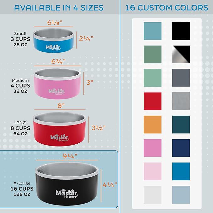 Master Pet Supply Stainless Steel Dog Bowls - 128 oz, Heavy Duty - Mango Tango, Double Wall Extra-Thick Insulated, Non-Slip Pet Water Bowl for Dogs, Cats & Pets, Anti Rust Metal, Dish Washer Safe