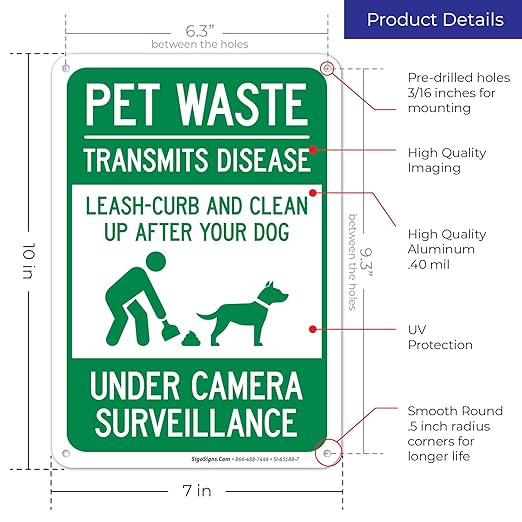 Pet Waste Leash-Curb and Clean Up After Your Dog Under Camera Surveillance Sign, (SI-63188) 10x7 Inches, Rust Free .040 Aluminum, Fade Resistant, Made in USA