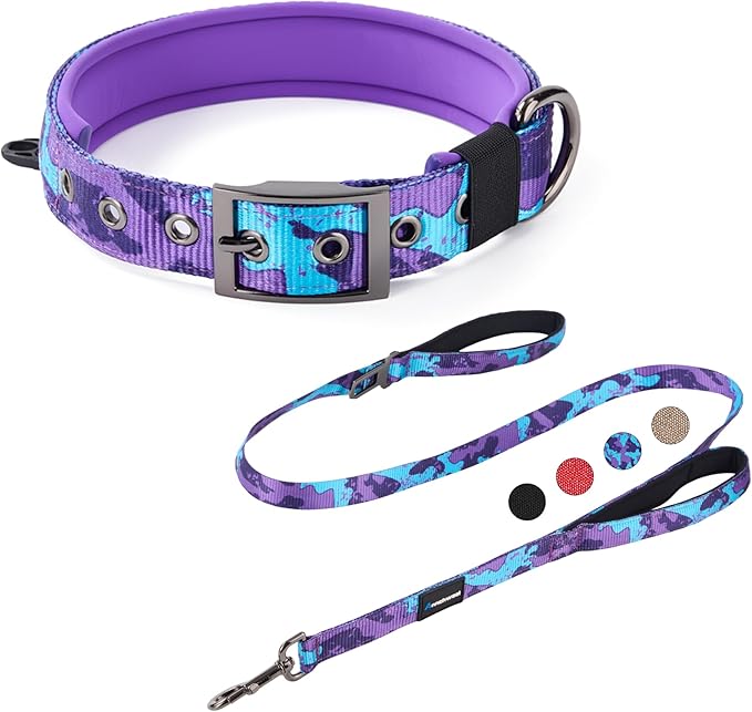 Annchwool Adjustable Dog Collar and 5FT Leash Set with Heavy Duty Metal Buckle–Comfortable Lining Collar &Dual-Handles for Medium Large Dogs Walking,Running,Car Travel (Camo Purple Set,XL:22''-30'')