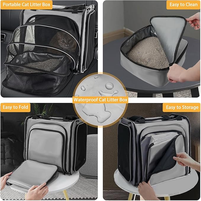 Cat Carrier with Litter Box for Large Cats, Expandable Cat Carrier for Car Travel Long Distance, Dog Carrier for Pets up to 20 lbs, Gray