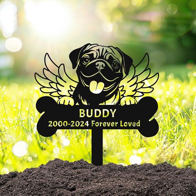 Personalized Pug Dog Memorial Stake, Custom Name Engraved Metal Sign, Wings Pet Memorial Gift, Customized Dog Tombstone Headstone Garden Decor, 8-24 Inches