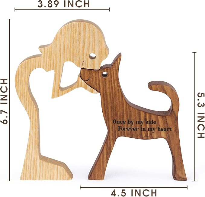 SENSUNIQ Dog Memorial Gifts, Cat Memorial Gifts, Wooden Carving Men and Dog Figura, Once by My Side Forever in My Heart - Sympathy Keepsake Dog Mom, Dog Dad for Loss of Pet (Dog and Woman)