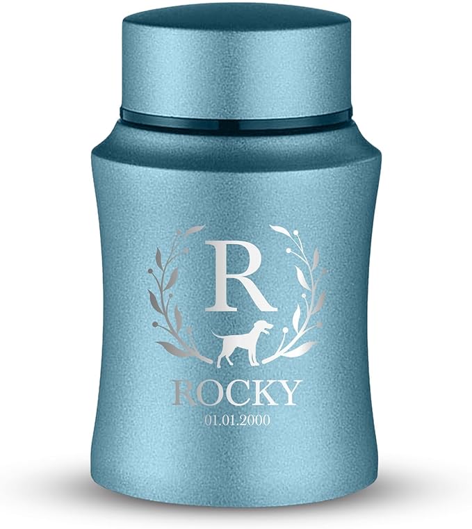 Customized Small Keepsake Urn Personalized Engraved with Pet Name, Date, and Dog Design - 4" Powder Coated Cremation Mini Compact Urn for Dogs Ashes | 5–10 Lbs Capacity | Powder Blue, Flower Border